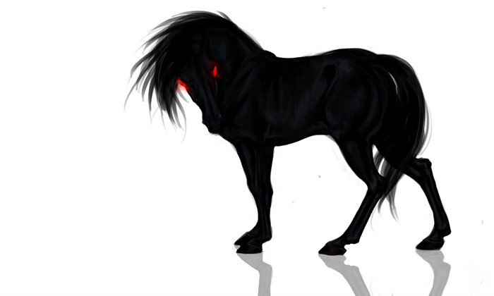 Black horse with glowing red eyes on white background