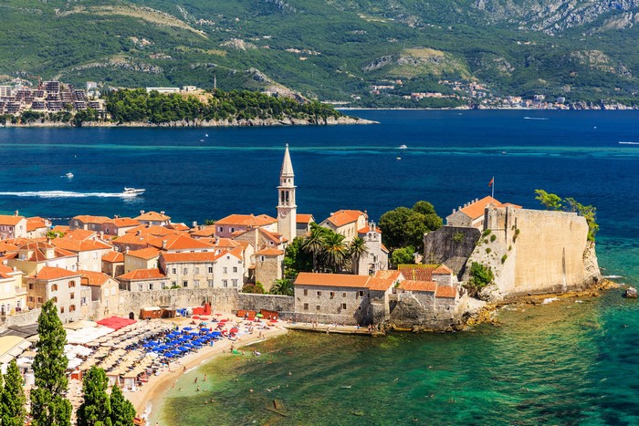 Budva, Montenegro Coastline with Old Town and Beach
