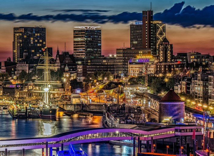 Hamburg Germany Skyline with Ships and Bridges at Dusk