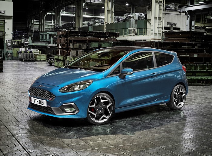 Blue 2017 Ford Fiesta ST 3-door in a factory