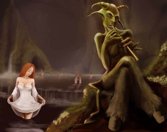 Supernatural beings and redhead girl by pond