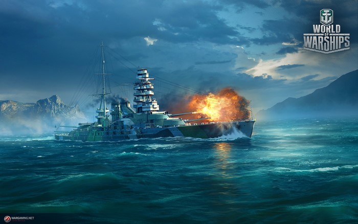 Battleship Mutsu firing in World of Warships