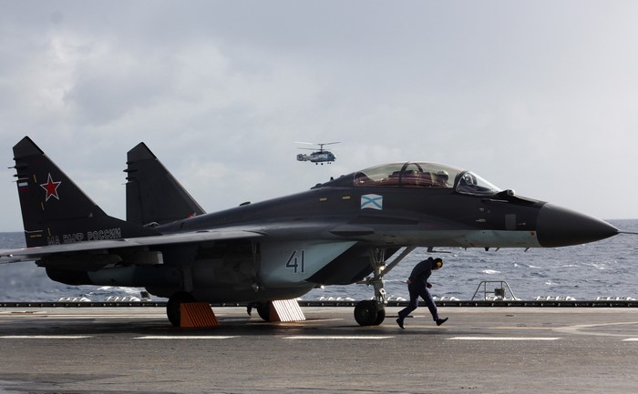Russian MiG-29 on Aircraft Carrier with Helicopter