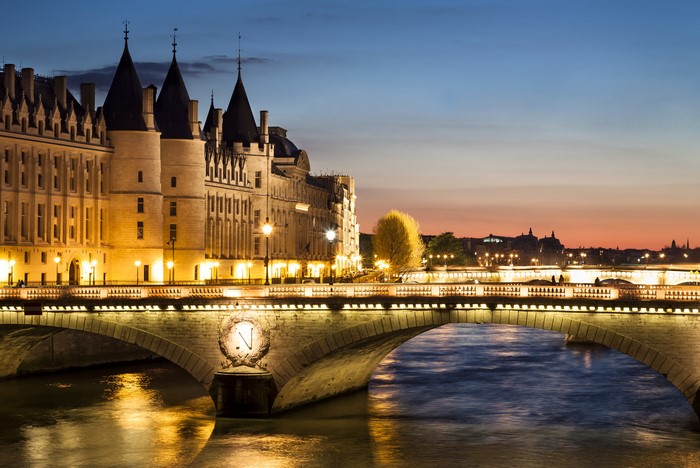 Parisian Bridge and Buildings at Dusk