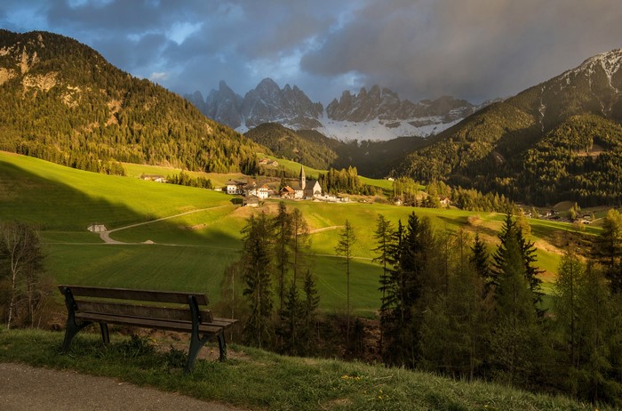 4K Funes Italy Mountains Alps Village Bench