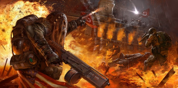 Warriors in a burning city with North Korean flag