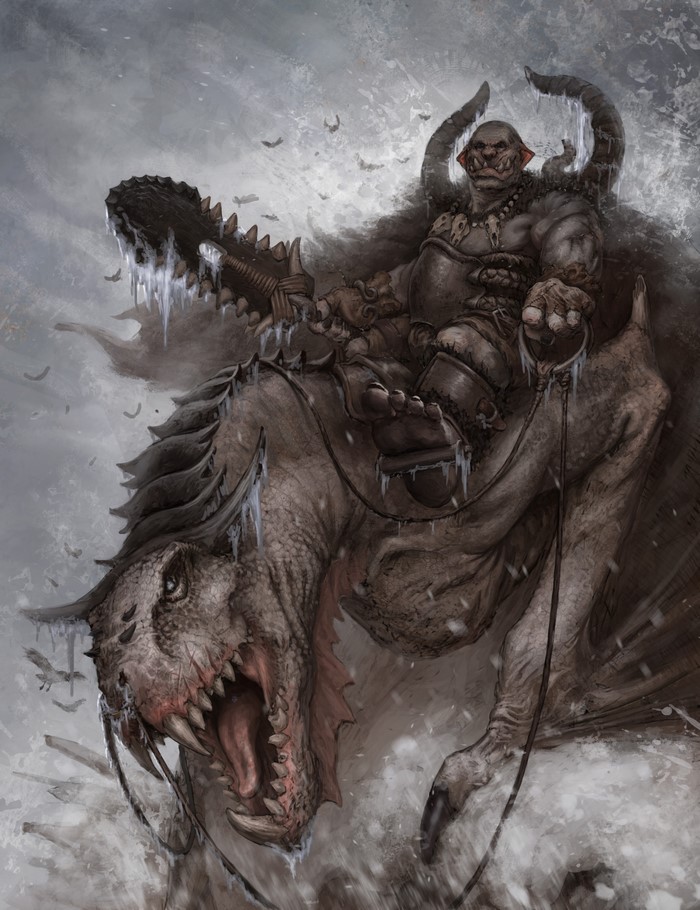 Orc warrior riding a monstrous beast in a snowy landscape
