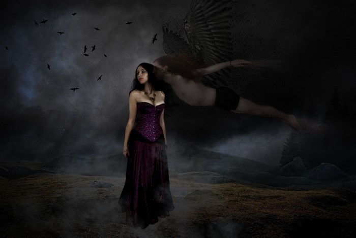 Gothic Fantasy Angel and Brunette Girl at Night