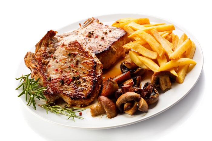 Grilled Pork Chops with Mushrooms and French Fries