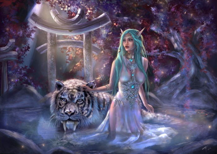 Elf woman with a white tiger in a mystical forest