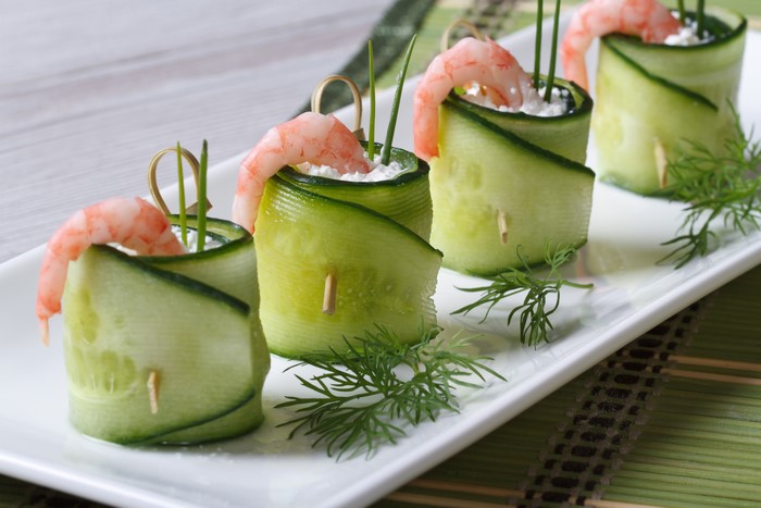 Shrimp and cream cheese cucumber rolls with dill
