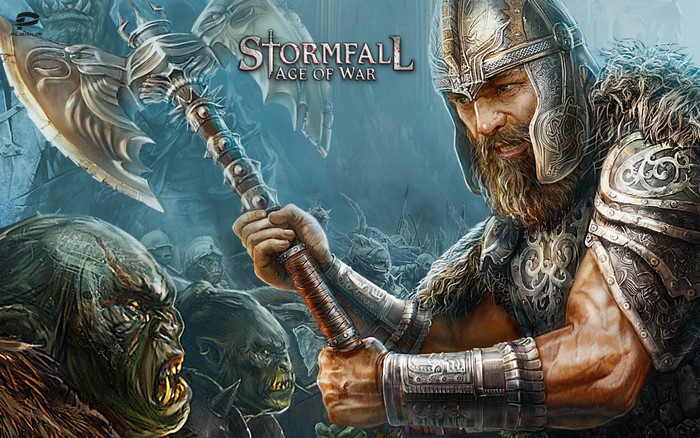 Stormfall: Age of War warrior with axe facing orcs