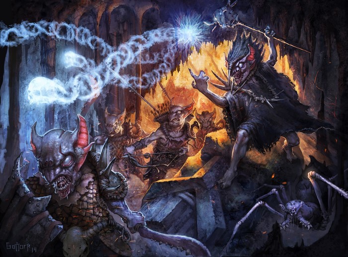 Goblins and a spider in a cave with magic