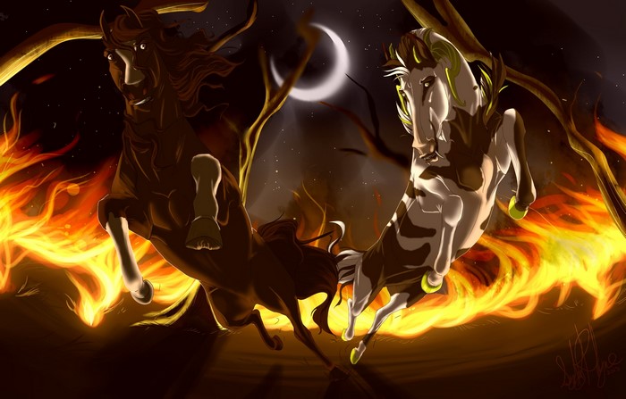 Two horses running through fire at night