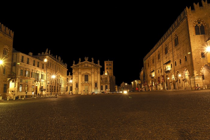 Piazza Sordello at night in Mantua, Italy
