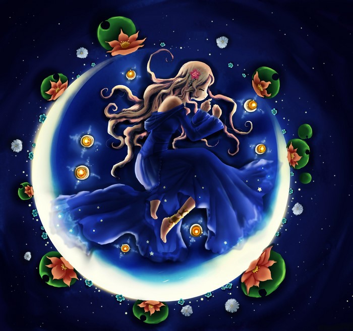 Sleeping Girl in a Blue Dress on Crescent Moon