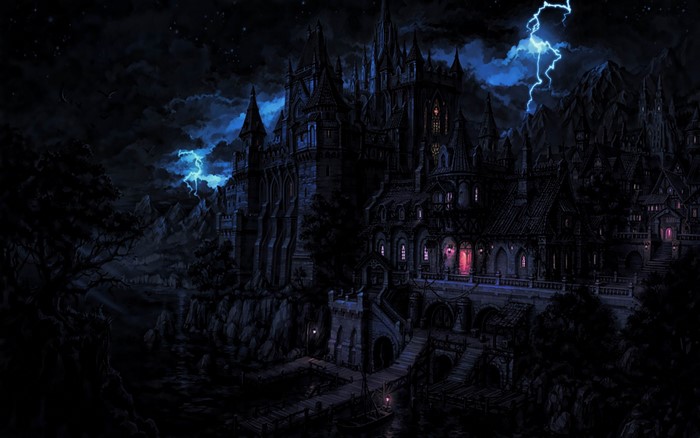 Gothic fantasy castle at night with lightning