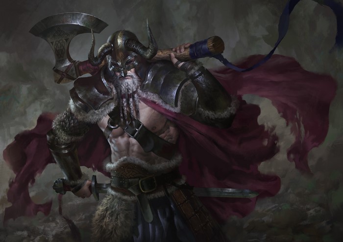 Viking warrior with axe and sword