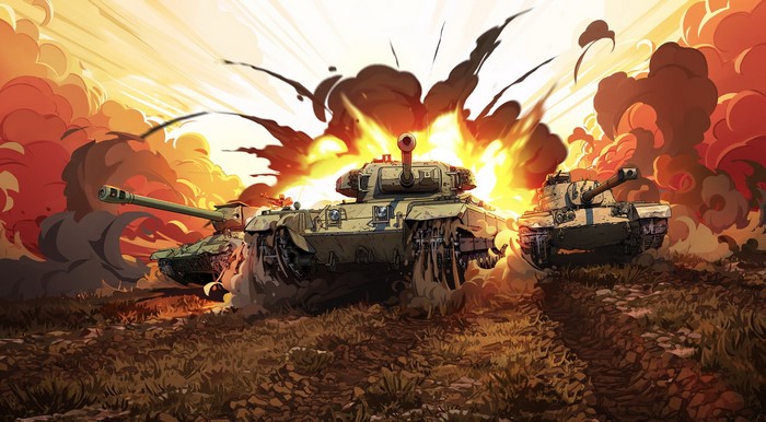 Tanks in a battlefield with explosions