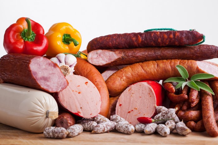Meat products, Bell pepper, Sausage, White background