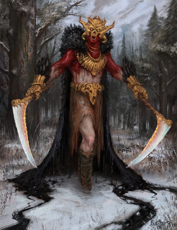 Red-skinned shaman with golden mask and scythes in forest