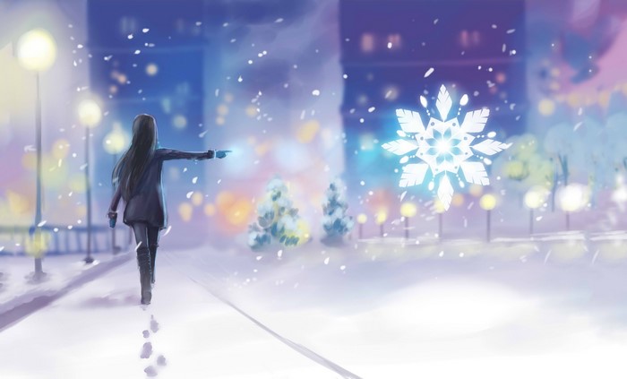 Girl pointing at a snowflake in a snowy city