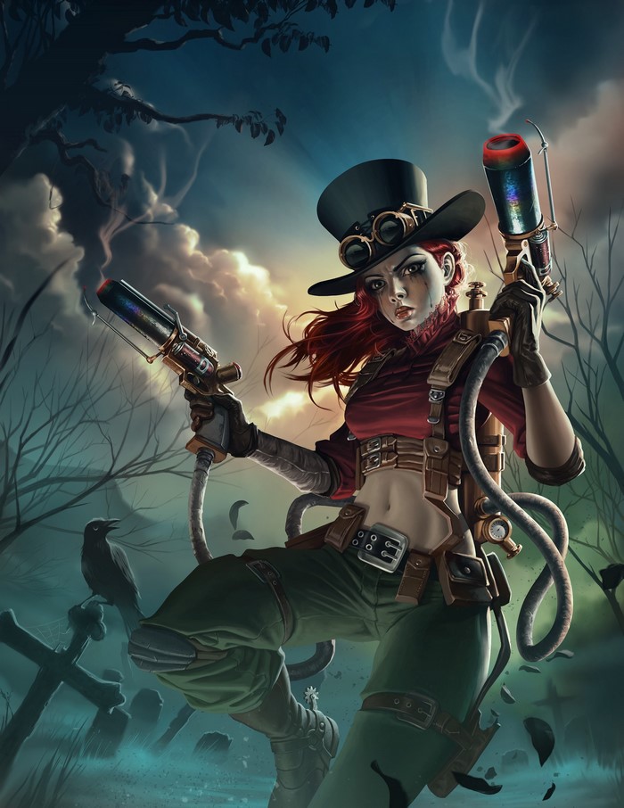 Steampunk redhead woman with pistols in a graveyard