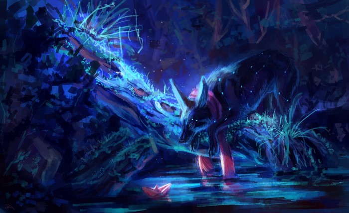 Magical animal by a pond at night
