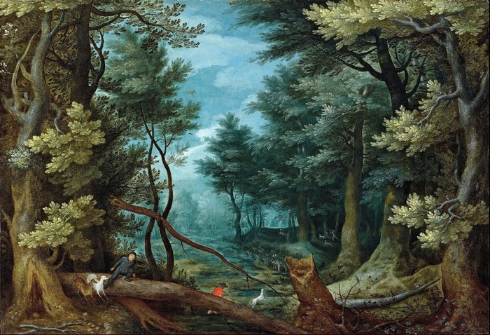 Forest landscape with hunters and stag by Jan Brueghel the Elder