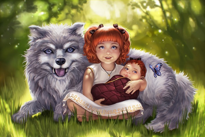 Girl with Baby and Wolf in Forest