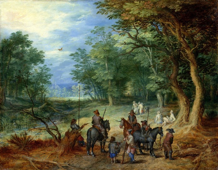 Soldiers and horses in a forest clearing with a distant landscape