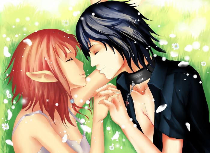 Anime couple lying in grass