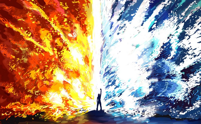 Silhouette against fire and water