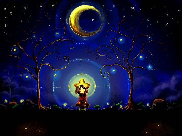 A little girl in a star hat under a crescent moon
