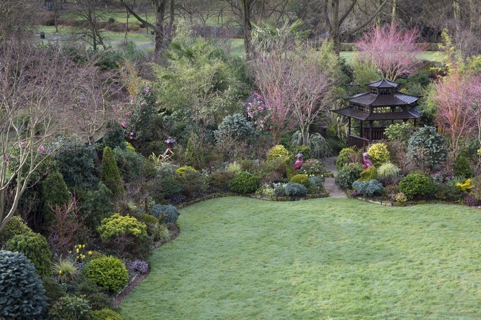 Walsall Garden in England with Pagoda and Shrubs