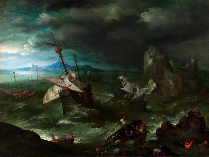 A Sea Storm with Ships and a Castle