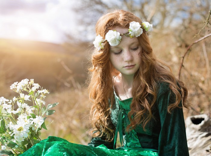 Girl with Flower Wreath in Green Dress