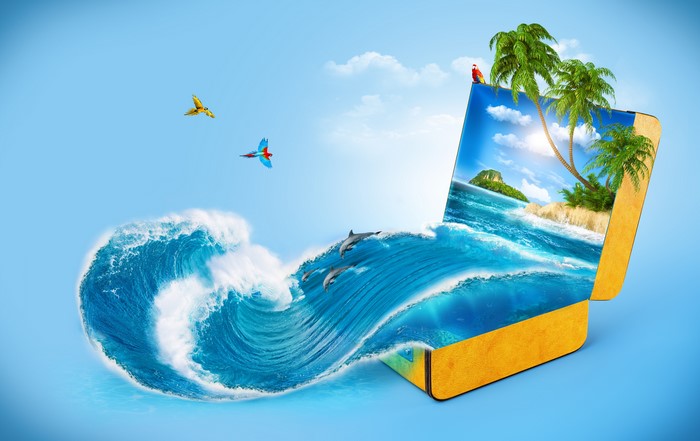 Suitcase with Tropical Island, Waves, and Dolphins