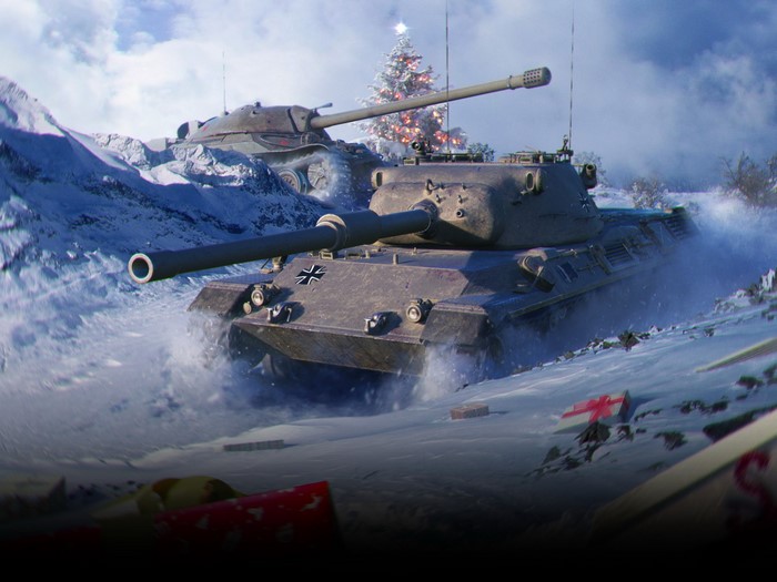 Tanks in Snow with Christmas Tree