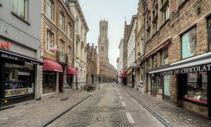 Street in Bruges with Belfry Tower