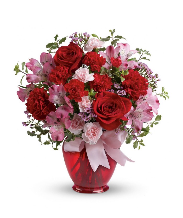 Red and Pink Flower Bouquet in Red Vase