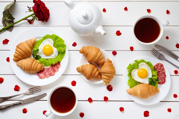 Breakfast with Croissants, Fried Egg, and Tea