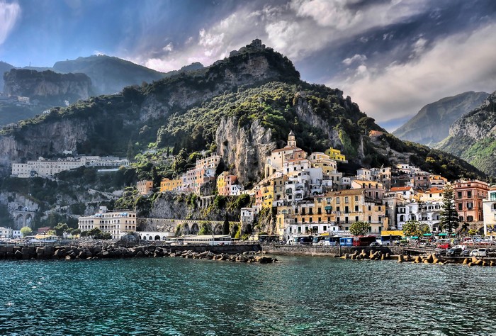 Amalfi Coast town built on a cliffside overlooking the sea
