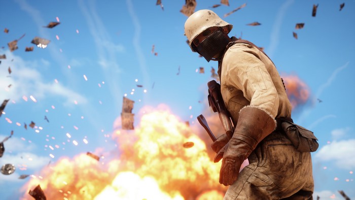 Soldier in military war helmet with mask during explosion in Battlefield 1