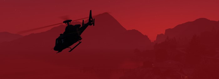 Helicopter silhouette in GTA 5 at sunset