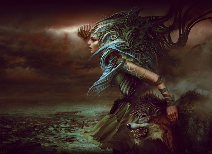Warrior woman with wolf in a desolate landscape