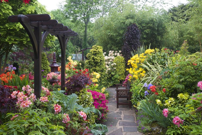 English garden with a wooden pergola and colorful flowers