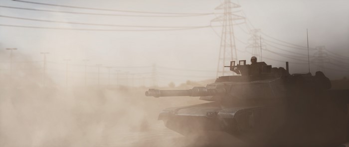 M1 Abrams tank in dust storm with power lines
