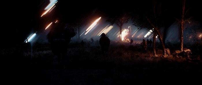Soldiers in a forest at night with lights