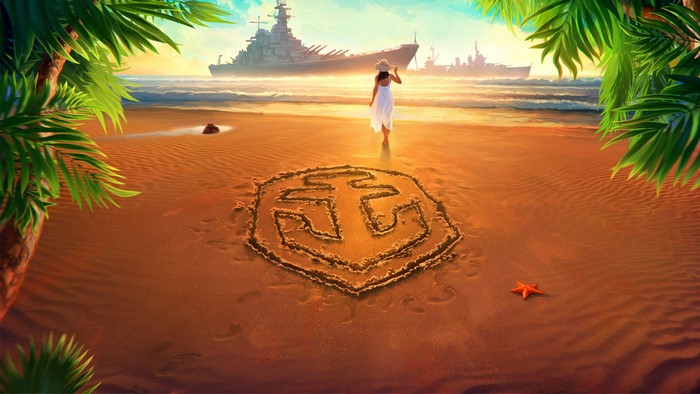 World of Warships logo drawn on a beach with warships in the background